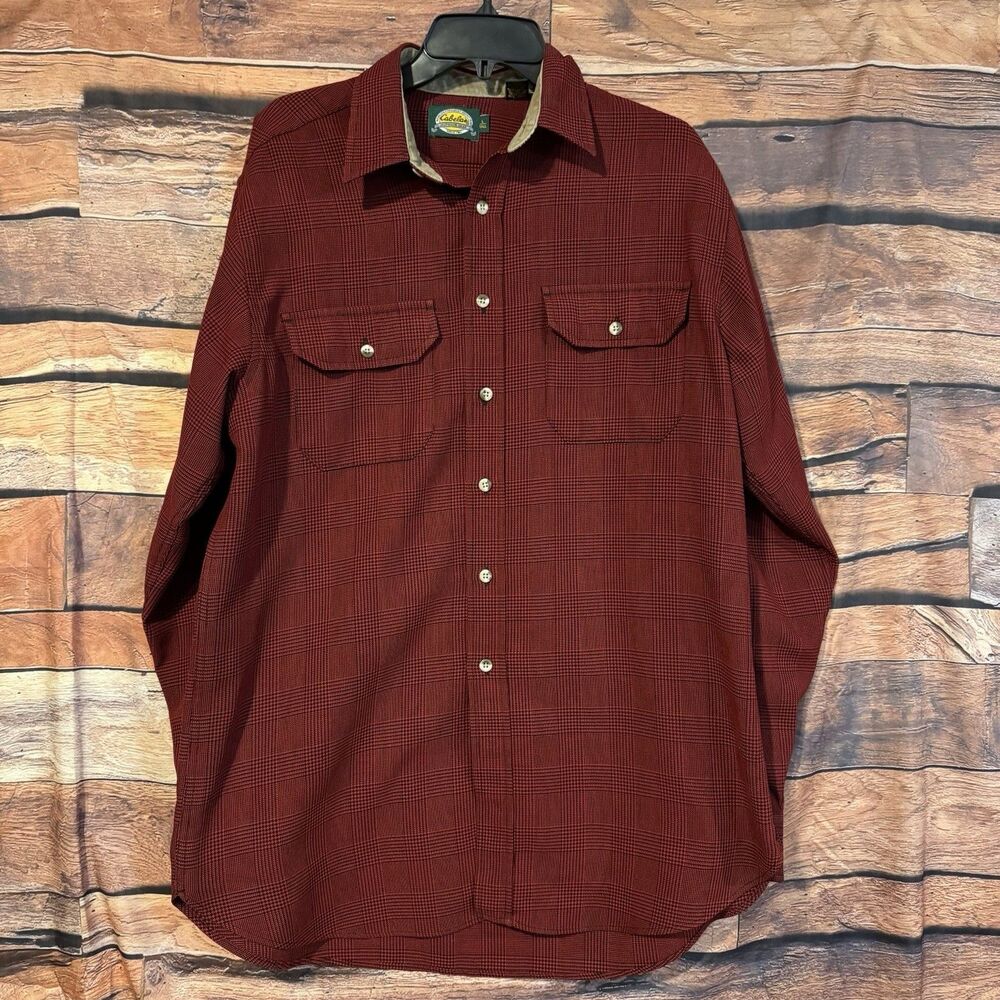 Vintage Cabelas Shirt Mens Large Tall L Burgundy Plaid Chamois Trim Made in USA